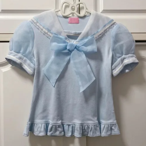 Imagen 2 del producto Camiseta de estilo japonés para mujer, camiseta de manga corta con diseño de lazo, cuello azul marino, estilo Preppy, camisetas rosas Kawaii