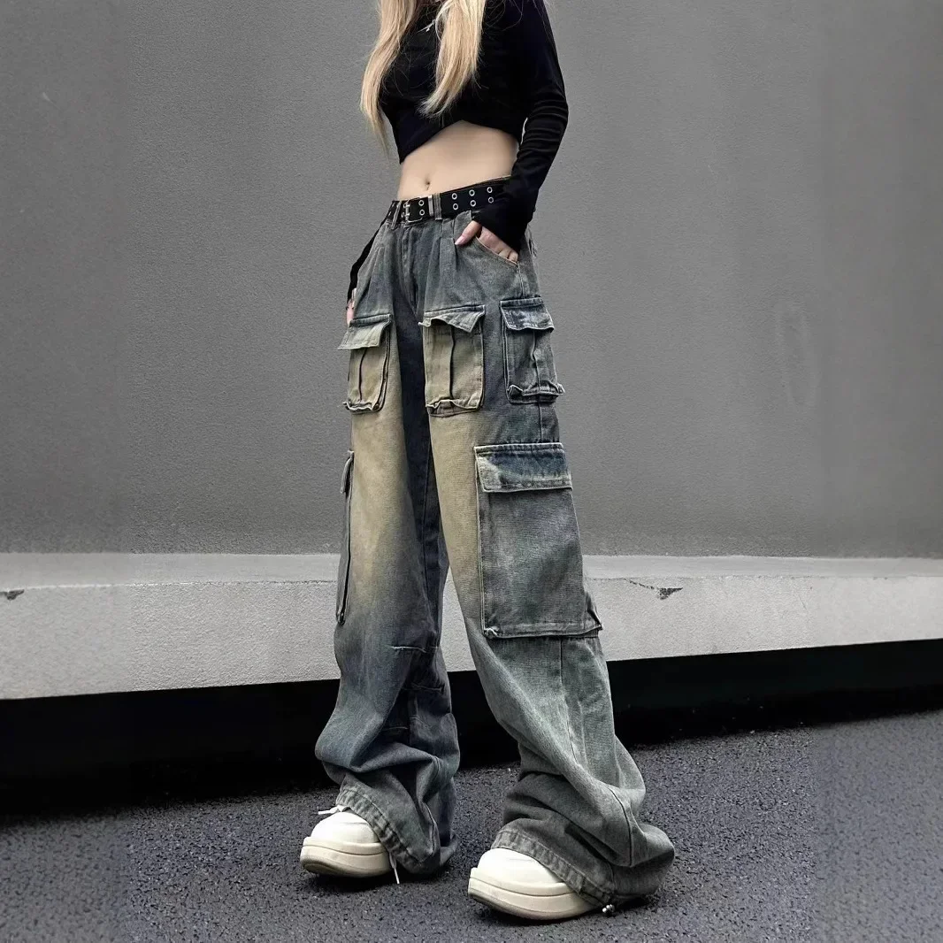 

Multi-pocket Design High Street American Tooling Jeans Women's Wide Legs Loose Multi-pocket Washed Old Pants