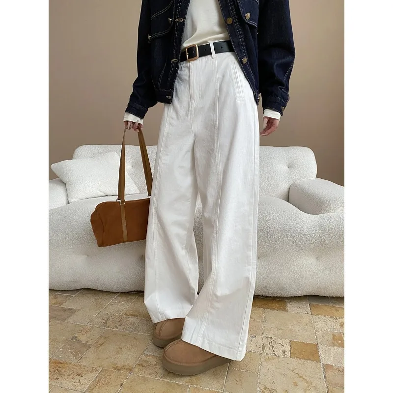 

Denim Jeans Women Solid Jean Belt Pocket Zipper Fly Empire Waist Full Length Barrel Pants Slight Strech Loose Casual 2025 Autumn