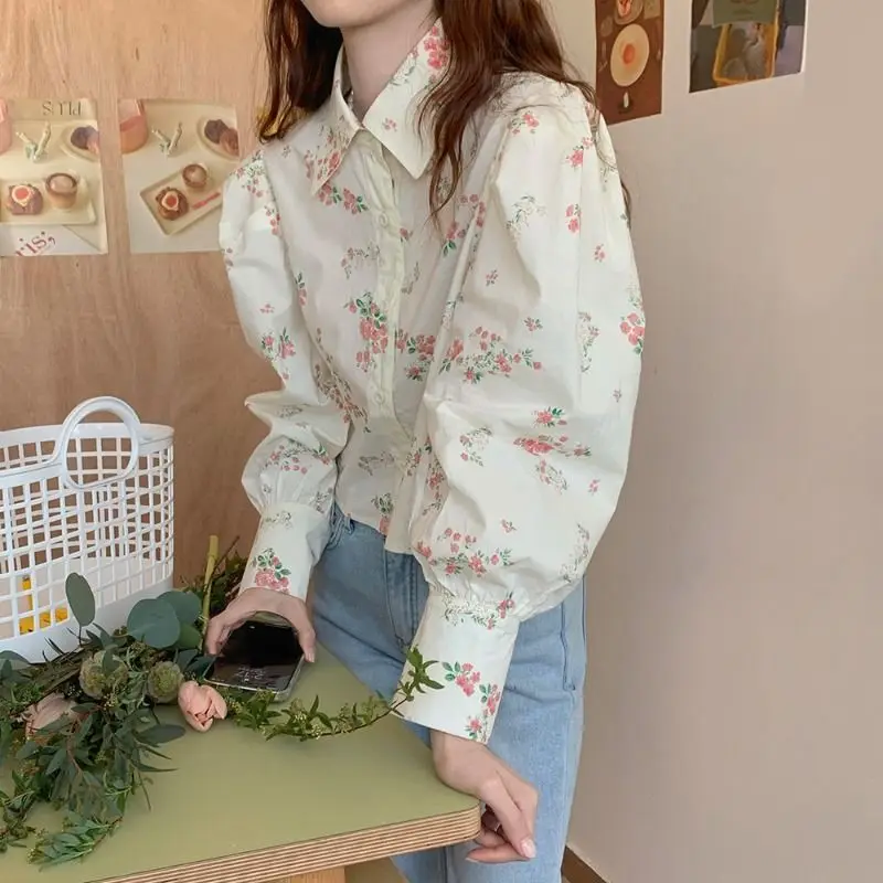 

Femme весна лето корейская мода пуговицы с воротником с принтом женские рубашки модный молодой стиль хлопковый кардиган с длинными рукавами