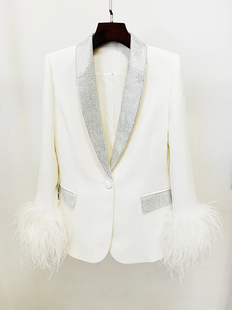 HIGH STREET Fashion 2024 Designer Jacket Women\'s Ostrich Real Feather Embellished Diamonds Shawl Collar Blazer