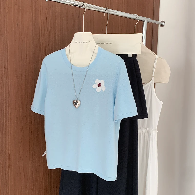 Spring and Summer New Round Neck 100% Cotton Short-sleeved Sweater Casual Pullover Female Comfort Knit Tops
