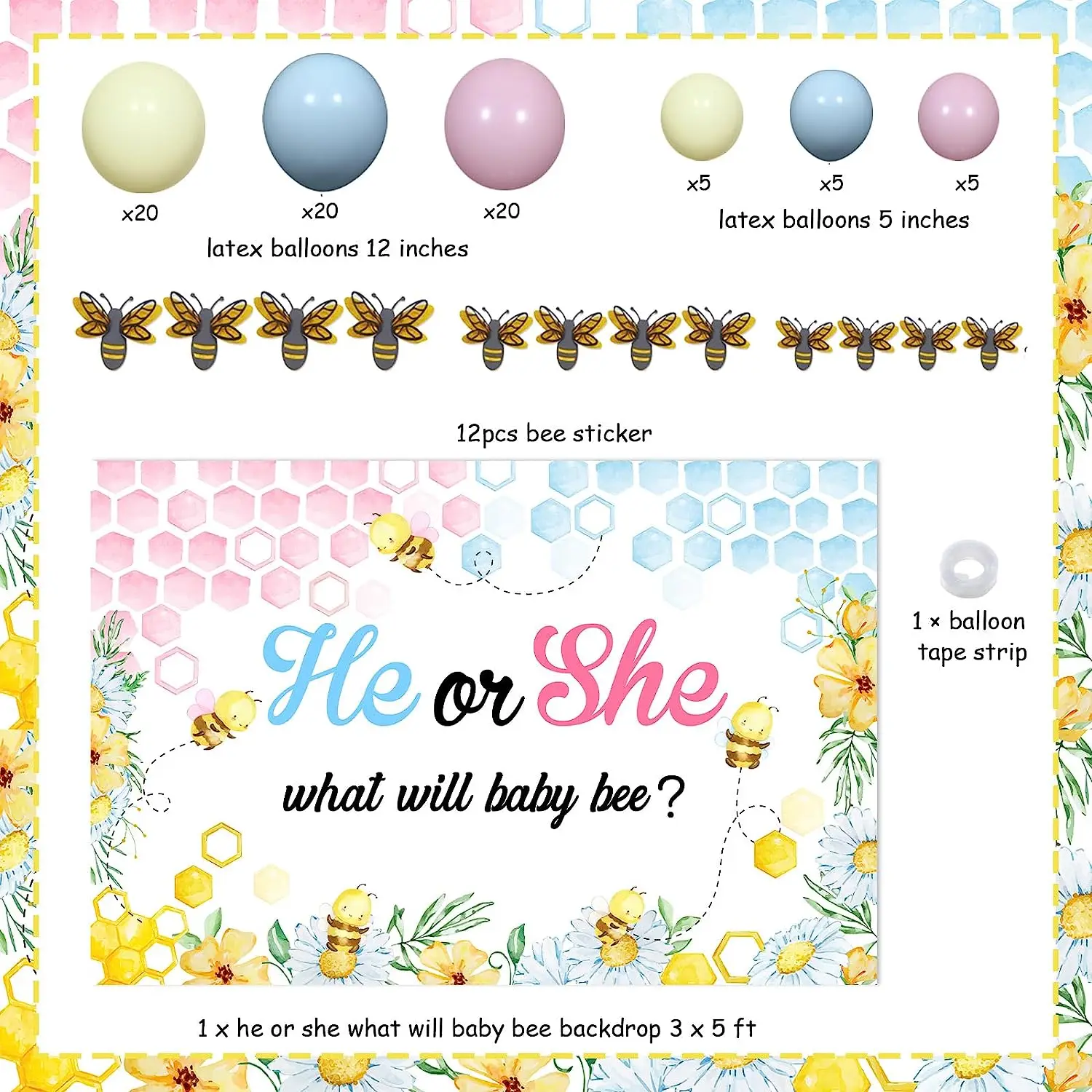 Bee Gender Reveal Decorations Pastel Balloon Arch with He or She What Will Baby Bee Backdrop Bee Stickers for Baby Reveal Party