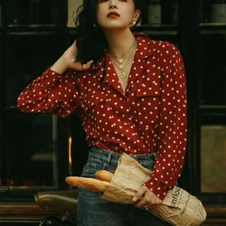 Mode Losse Revers Knoopzakken Polka Dot Shirts Dameskleding 2023 Herfst Winter Oversized Casual Tops Forenzenblouses