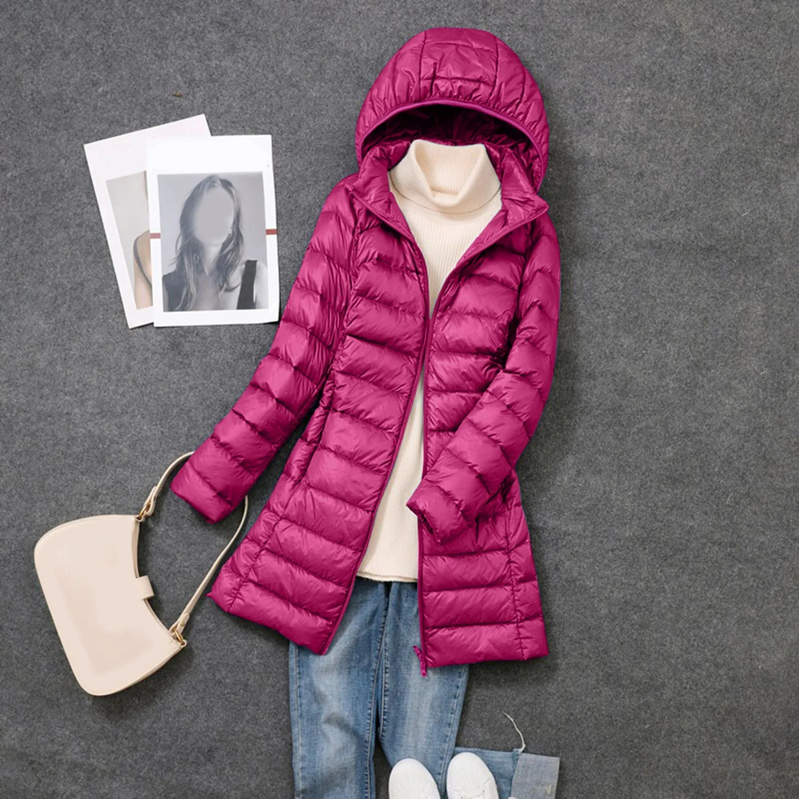 

Women's long Office Lady Hat Detachable Puffer Jacket 2024 New Arrival Autumn Winter White Duck Down Warm Coat Portable Outwear