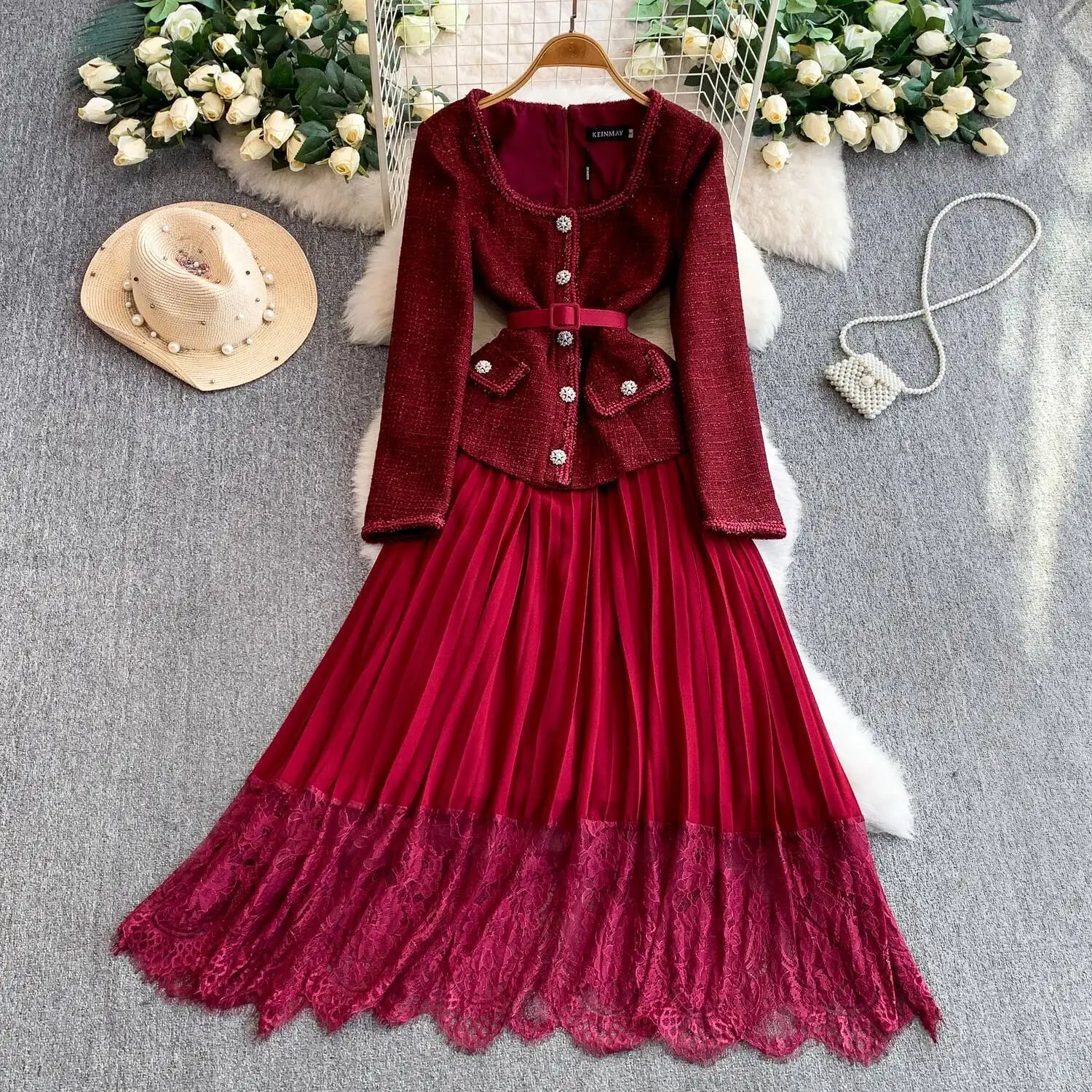 

Chic vintage Spliced lace button dress Elegant Fairy korean fashion sundress autumn women clothing