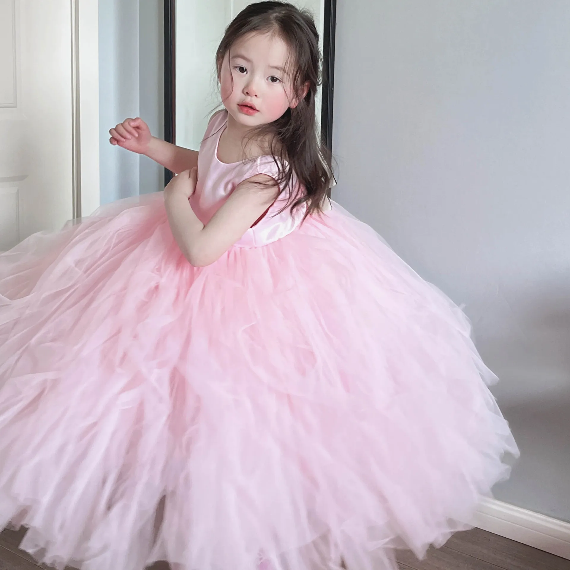 

Girl Dress 2024 Summer and Spring Girl Gauze Pongee Princess Dress Baby Pink Princess Dress Baby Girl Fashion Birthday Skirt