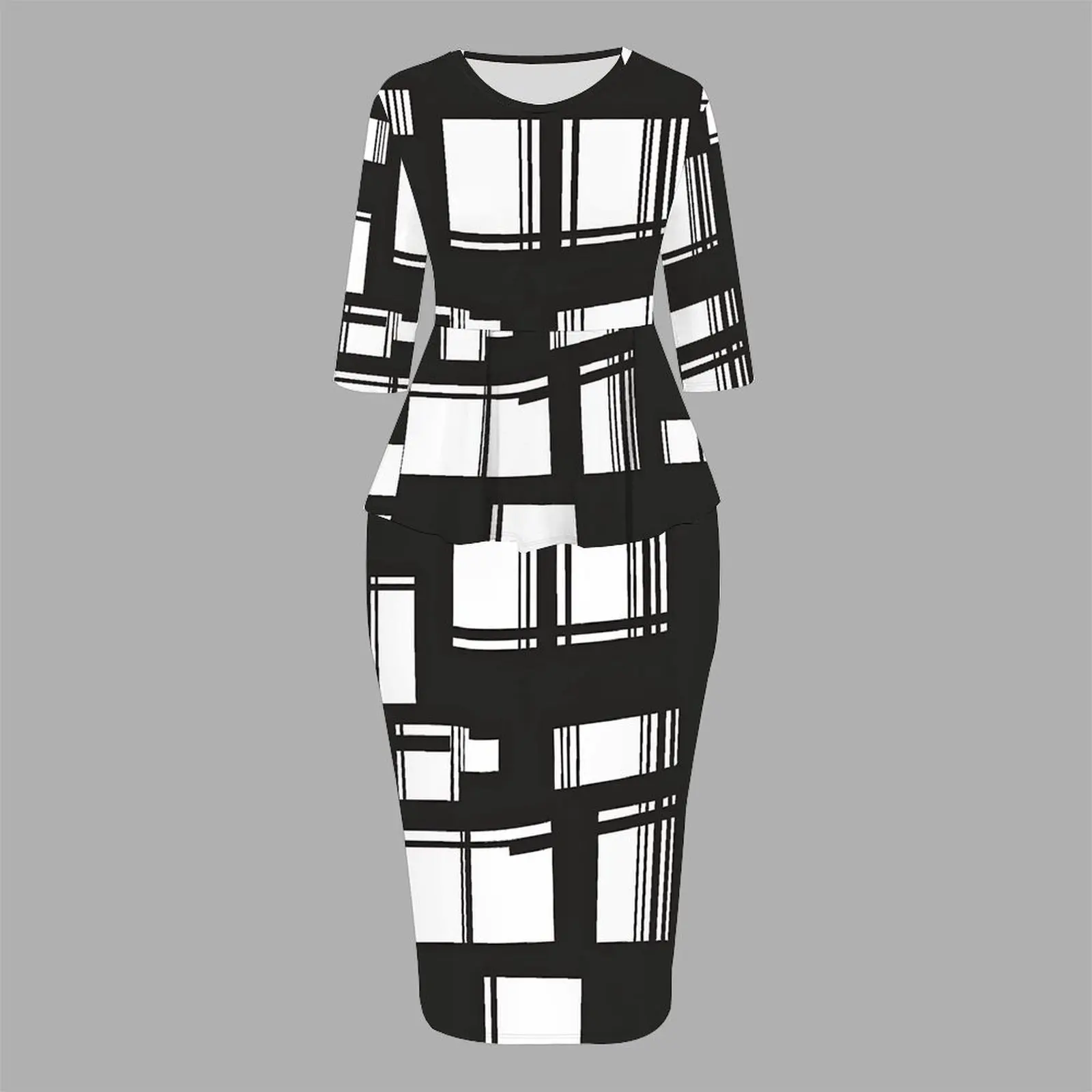 Autumnand Winter Crew Neckthree-quarter Sleeve  Ladies Tight-fitting Knee-length SkirtRetro Elegant Printed Party Two-piece Set