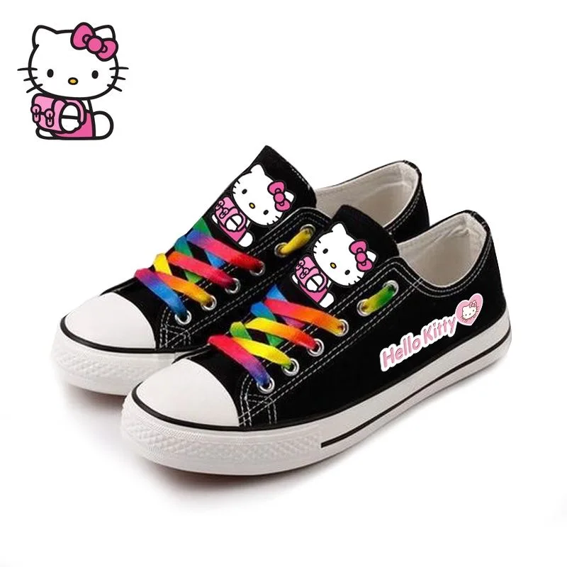 Sanrio Hello Kitty Cute Girl Black Canvas Shoes Cartoon Low Help Versatile Lolita Shoes Kitty Printed Shoes for Women 2024 New