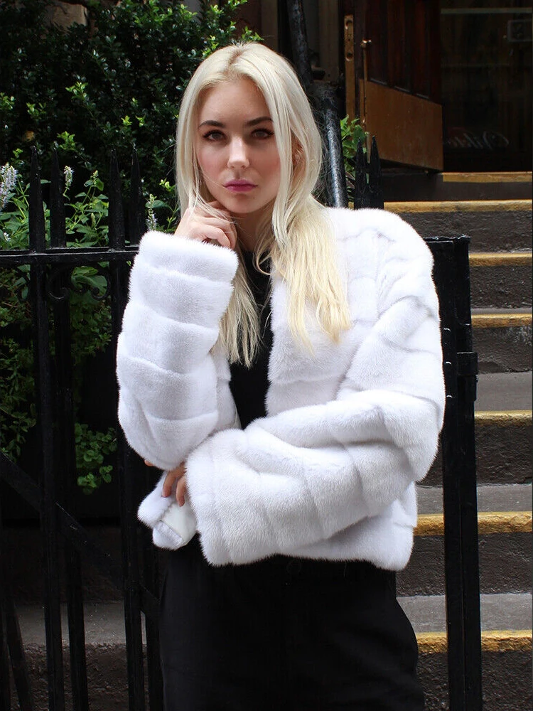 White Color Mink Fur Jacket Women Winter Warm Luxury Tops Outertwear High Quality Natural Real Fur Coat Female