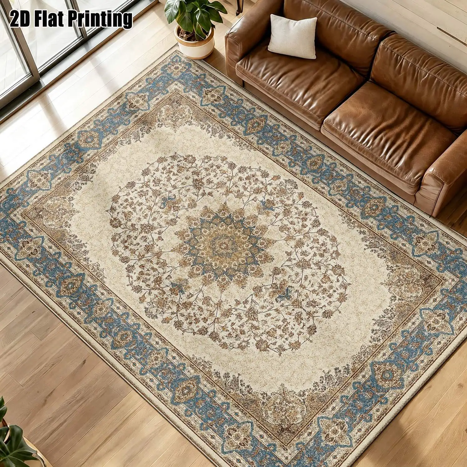 1Pc 2D Printed Carpet: Beige-Blue-Brown Retro Floral European Vintage Design, Machine Washable, Multi-Size Home Decor Rug for Living Room, Bedroom, Dining Room, Entrance & Study