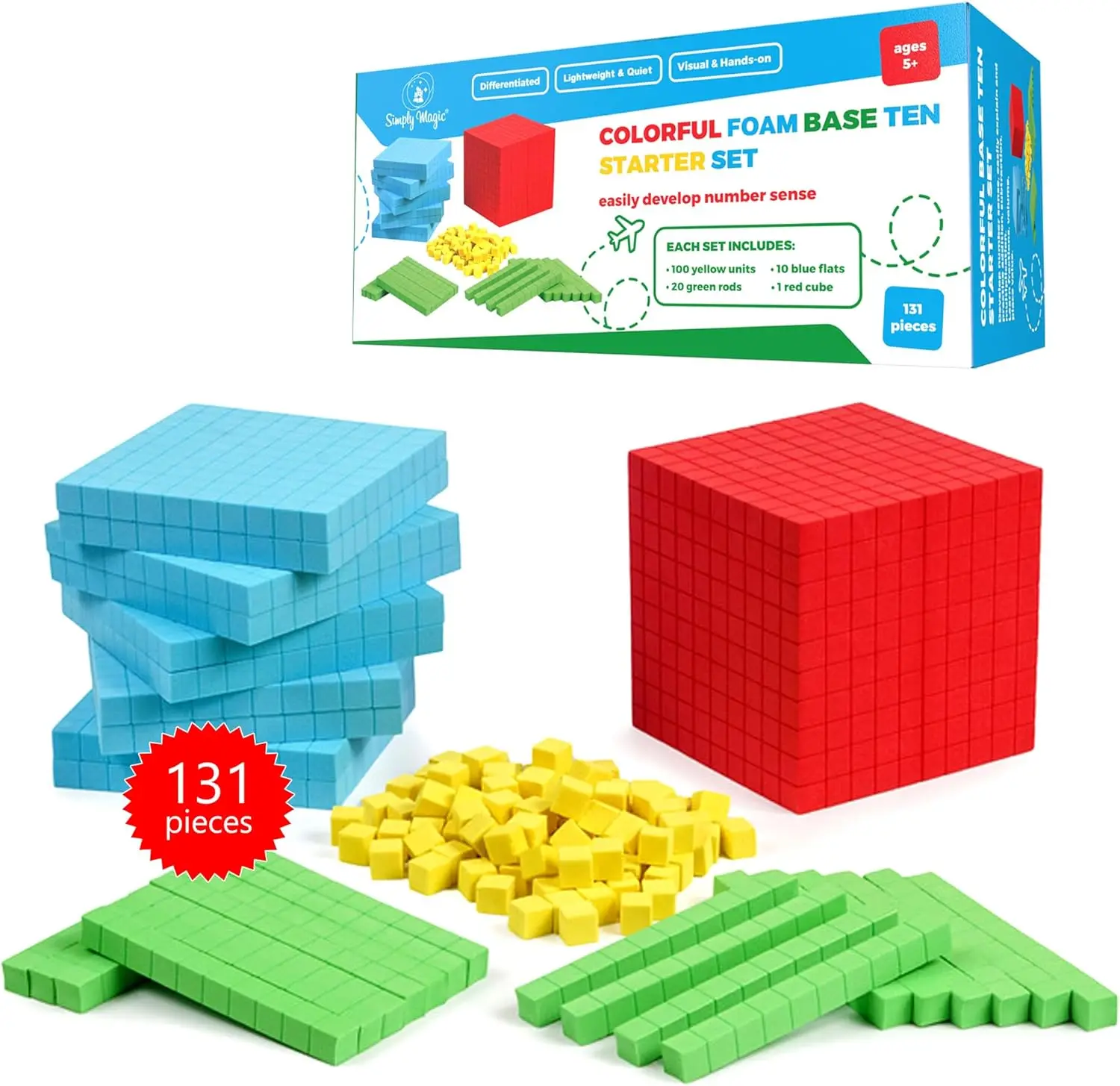 

131 PCS Foam Base Ten Blocks for Math - Place Value Manipulatives, Counting Cubes for Kindergarten to 3rd Grade Learning