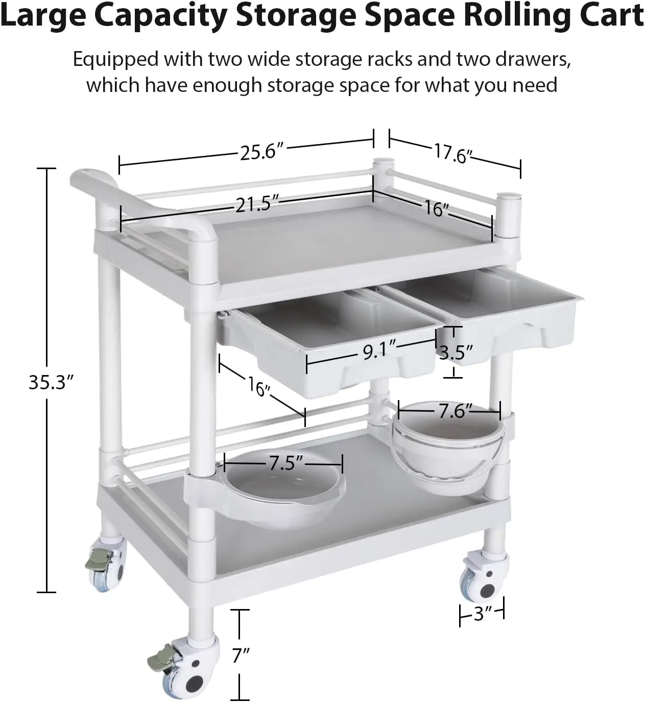 Medical Mobile Trolley Cart 2-Shelf 220 LBS Max Load Rolling Utility Cart | Heavy Duty, Beauty Salon Storage Cart With Drawers D