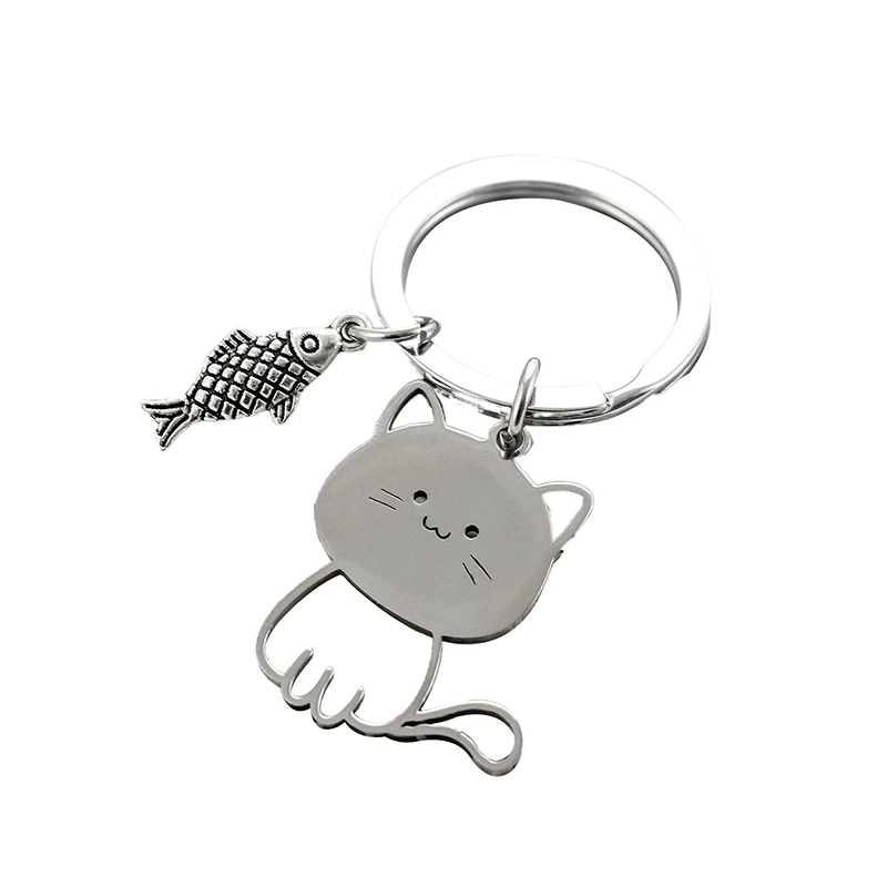 Funny Cartoon Cat Fish Keychain Couple Lovers Stainless Steel Keyring Lovely Pendant Key Chain Valentine\'s Day Gift Jewelry