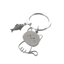 Funny Cartoon Cat Fish Keychain Couple Lovers Stainless Steel Keyring Lovely Pendant Key Chain Valentine's Day Gift Jewelry