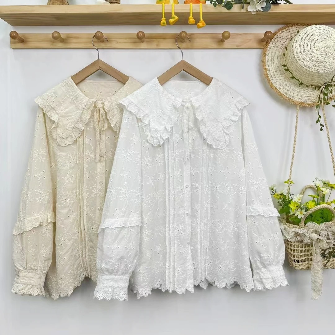 Female Victorian Rococo Ruffled Lace Embroidery Floral Eyelet White Shirt Retro Chic Mori Girl Shabby Cottage Core Sweet Blouse