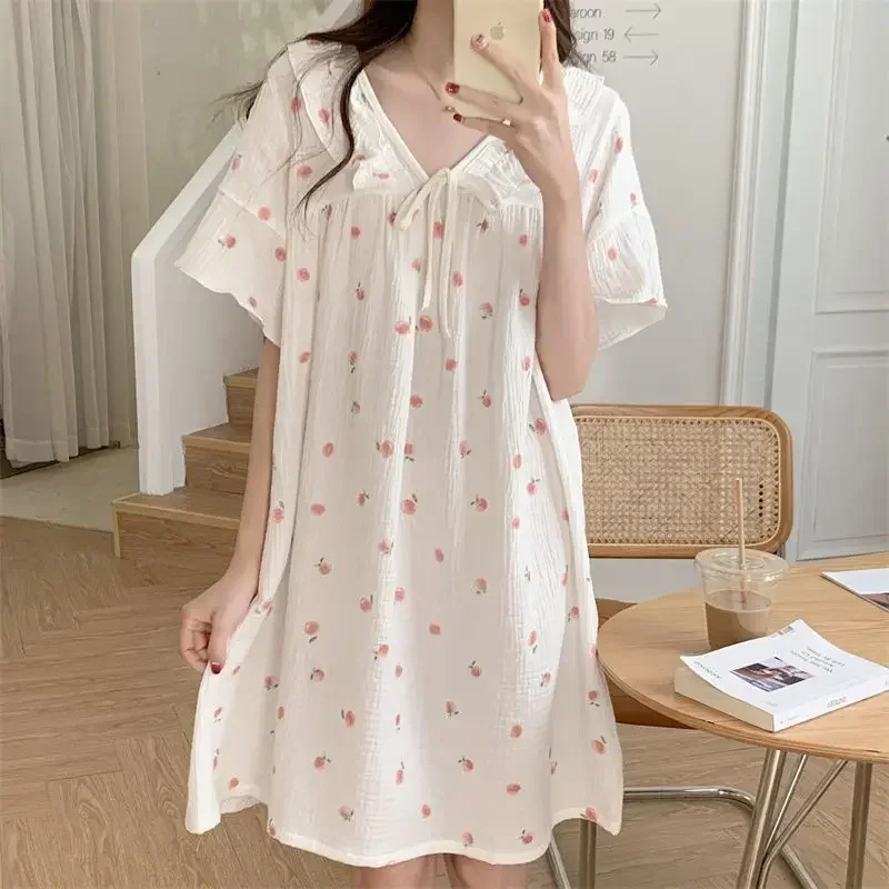 Sweet Night Dress Women Korean Style Pajamas Dress Summer Sleepwear Night Wears for Women Short Sleeve V Neck Homewear Nightgown