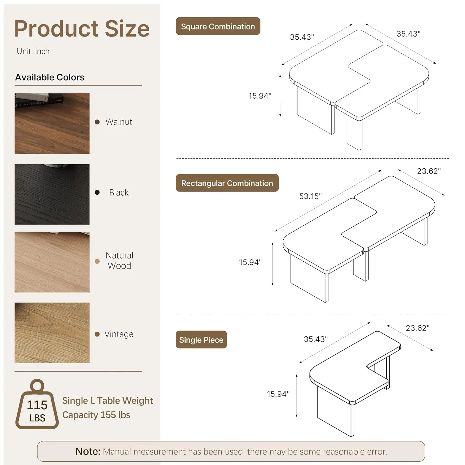 L-Shape Nesting Coffee Table Set of 2 for Living Room, Customized