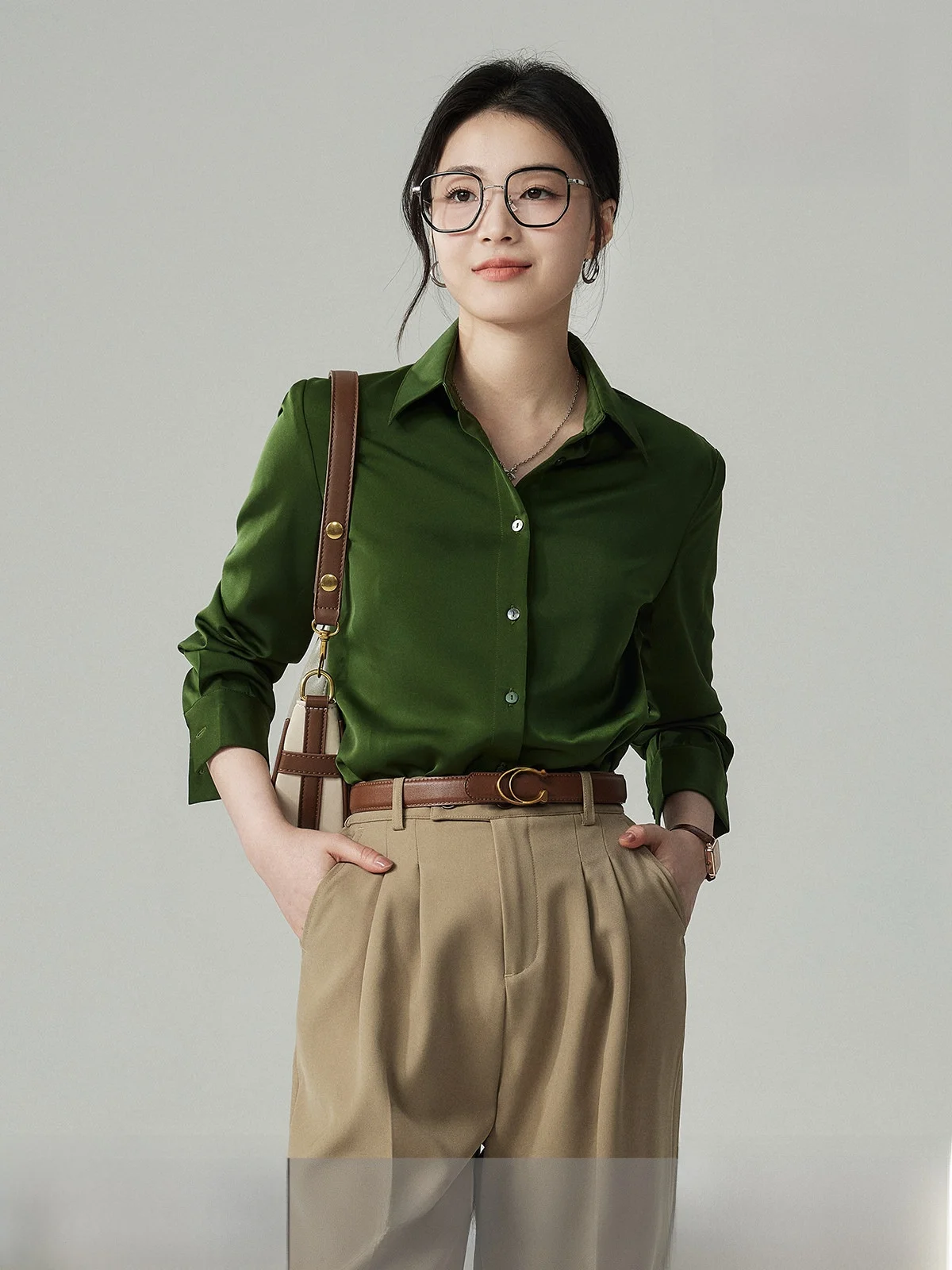 

Elegant Green Silk Blend Women's Shirt by Ya Ke Jia Vintage Hong Kong Style Spring Design Straight Cut Comfortable Long Sleeve