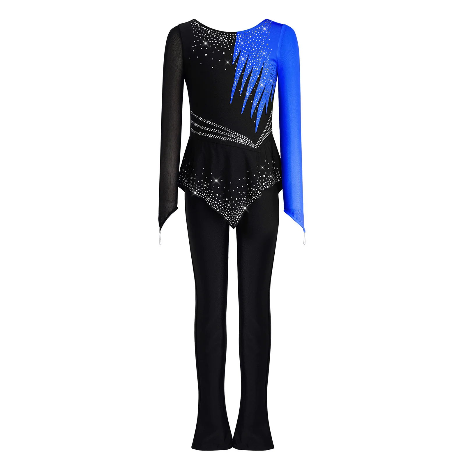 

Kids Girls Figure Skating Gymnastic Peplum Jumpsuit Finger Holes Long Sleeve Rhinestones Asymmetrical Bodysuit Lyrical Dancewear