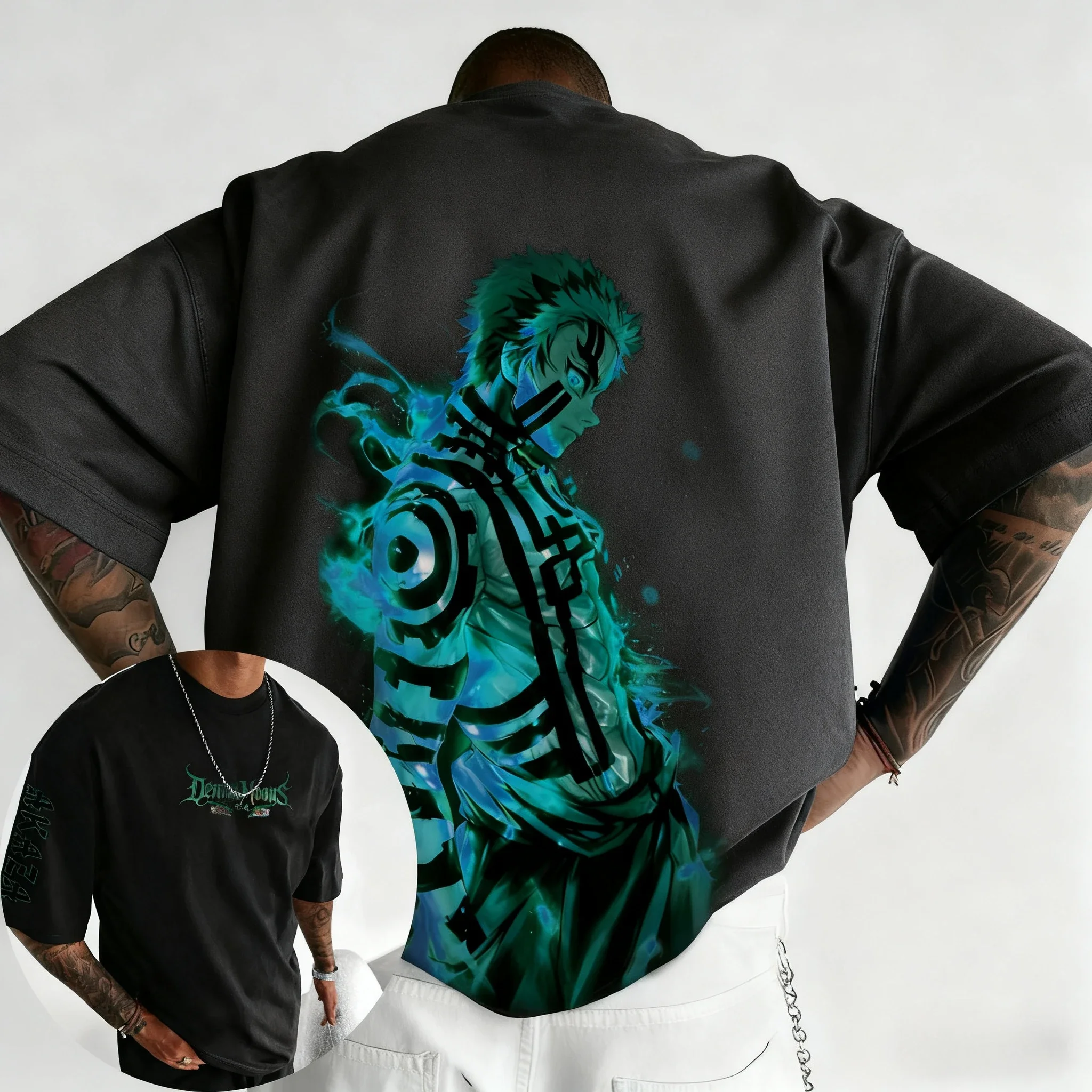 شيطان القاتل أنيمي أكازا مطبوعة القطن تي شيرت 2026 الرجال الصيف جديد الهيب هوب الأمريكية العصرية عادية اليومية Y2K الوالدين والطفل