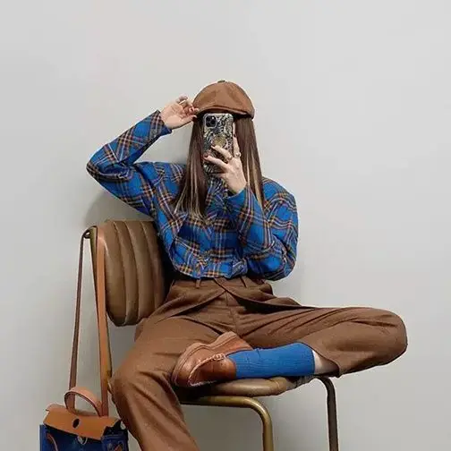 SALIENCY ربيع الخريف خمر منقوشة قميص المرأة طويلة الأكمام بلوزة واحدة الصدر قميص غير رسمي #2