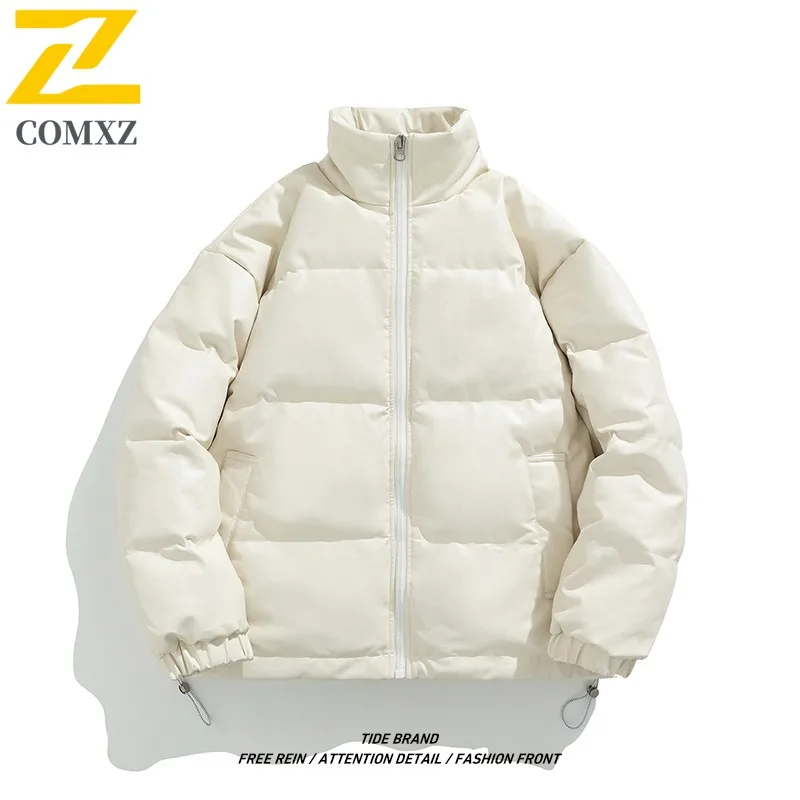 COMXZ Men Puffer Jacket Stand Collar Outdoor Snow Ski Windproof Warm PU Leather Coat Fashion Korean Fashion Autumn Winter Parkas