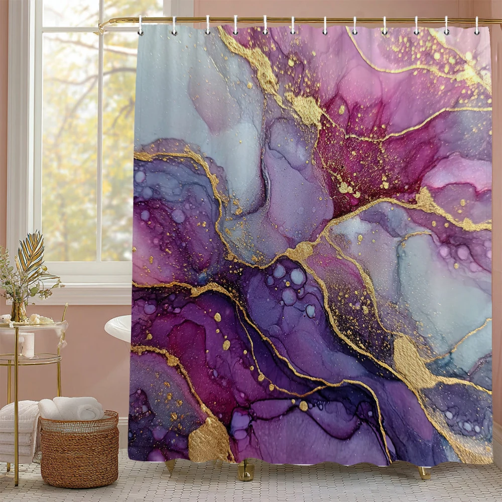 Abstract Ink Black Gold Gray Marbled Shower Curtain, Bathroom Decorative Shower Curtain, Waterproof Shower Curtain with Hooks