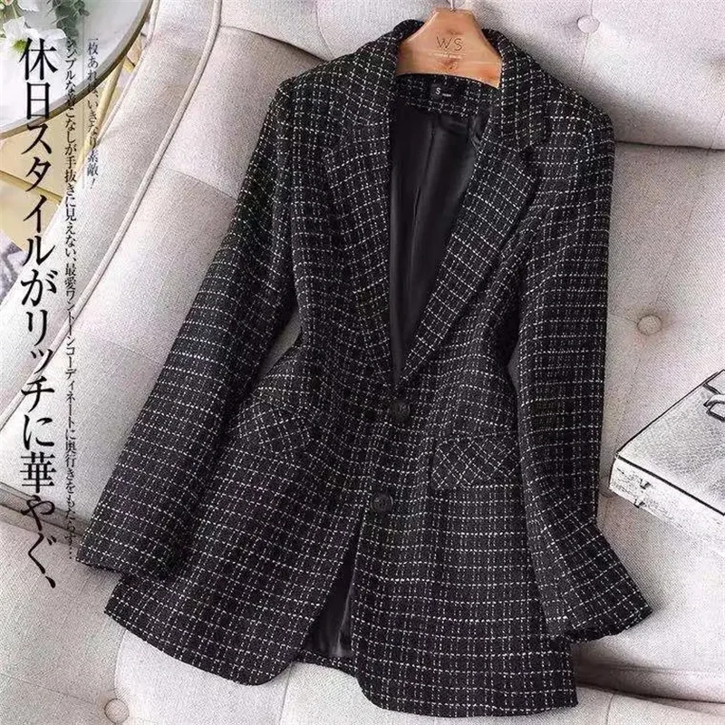 Blazer wanita kotak-kotak, Blazer jaket Fashion wanita kotak-kotak lengan panjang kasual setelan mantel elegan kantor klasik Chic 2024