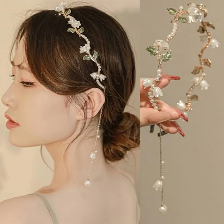 

Flower Headband for Women Pearl Vine Gold Leaf Tassel Hair Hoop Band Boho Headwear Bridal Wedding Fairy Hair Accessories Headpi