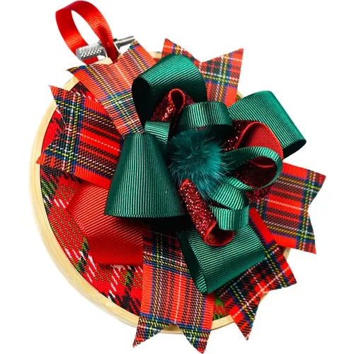 Lovesome/New Year Gift Red Plaid Bow Green Pompom Hoop Christmas Special Design Tree ornament