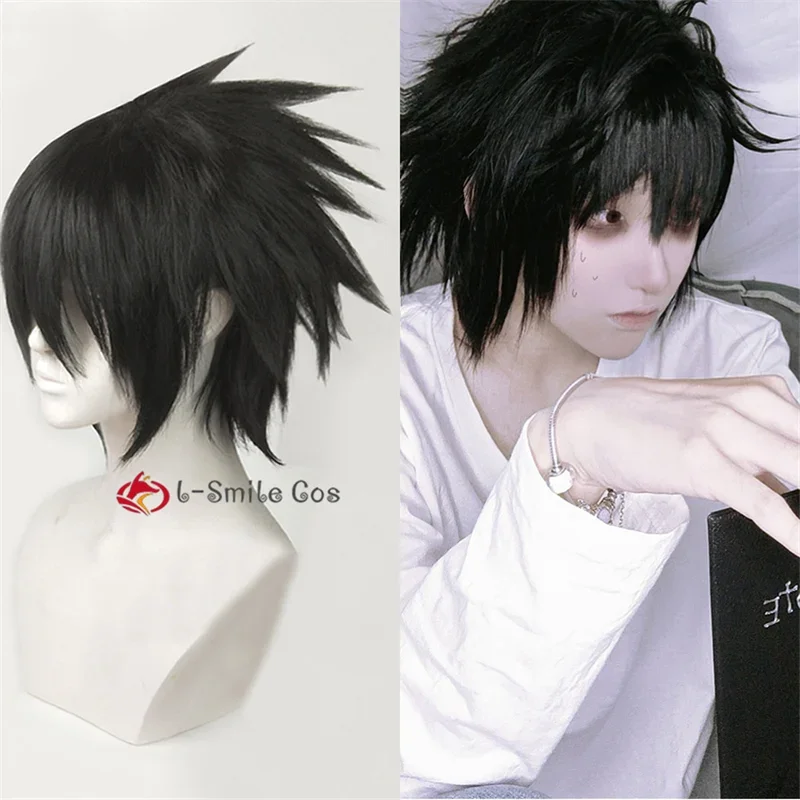 Pelucas de Anime de alta calidad para hombres, L.Lawliet, cabello resistente al calor, disfraz de Cosplay, gorro de peluca