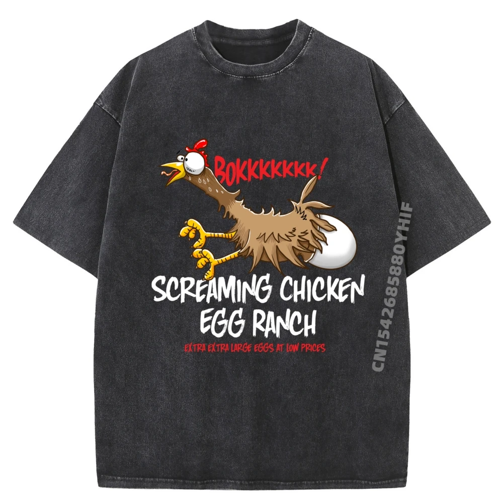 

Funny Chicken Coop Art Screaming Chicken Egg Ranch Big Eggs Wholesale Tshirts 100 Pcs High Quality Washed Shirt