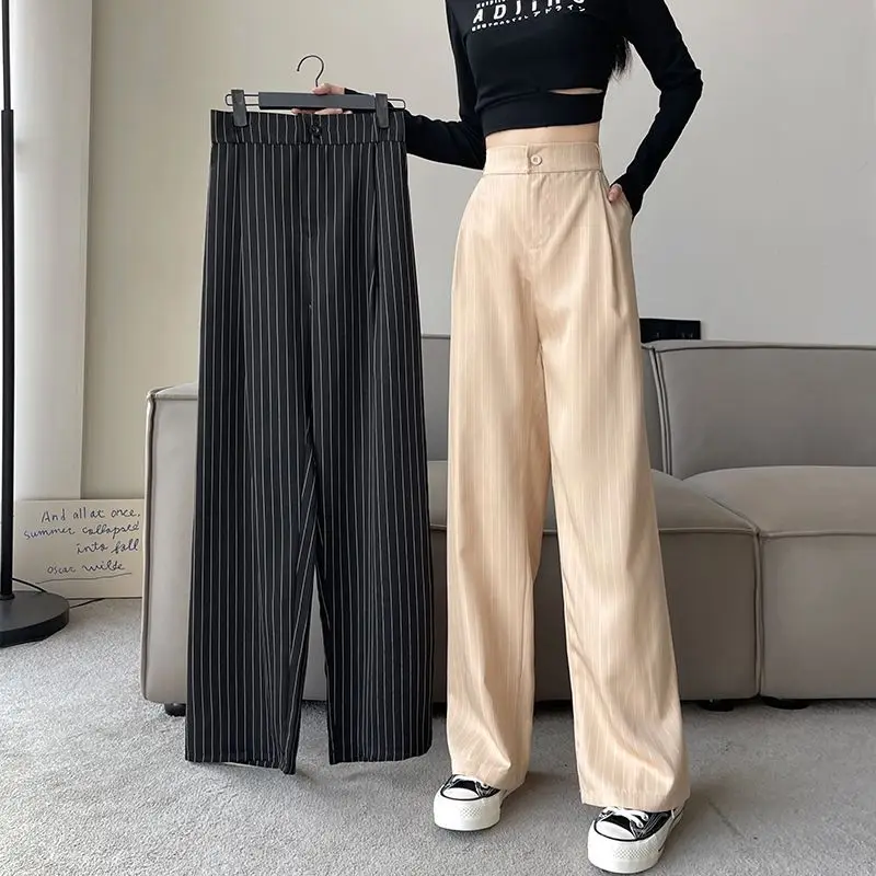 

Harajuku Striped Casual Suit Pants Women Autumn Winter Simplicity Solid Color High Waist Wide Leg All-match Office Lady Straight