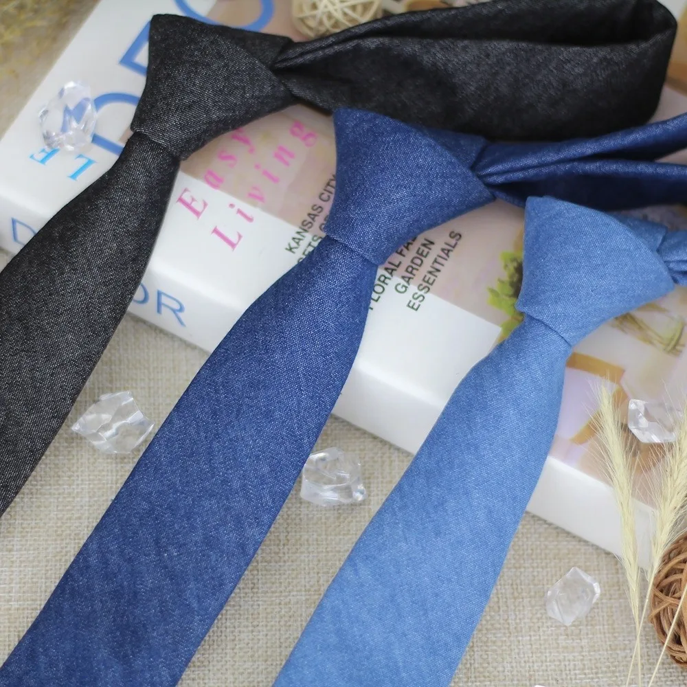 

Simple Solid Color Jean Fabric Tie Narrow Soft Denim Men Necktie Blue Hand Tied Retro Cravat Suit Accessories