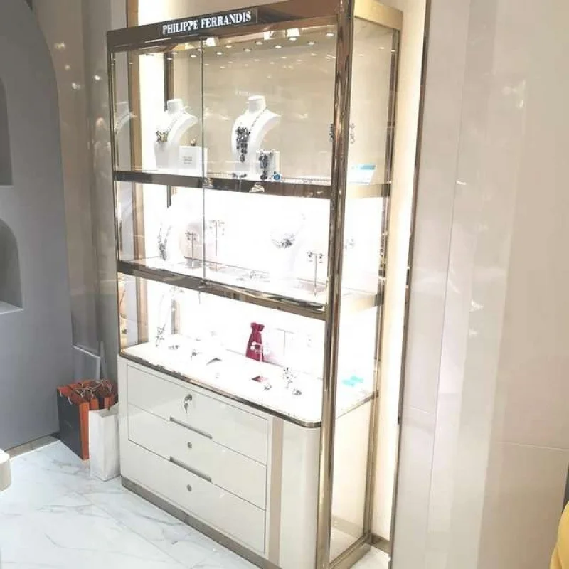 

Customized. stainless steel jewelry shop window showcase with LED lighting display showcase retail shop