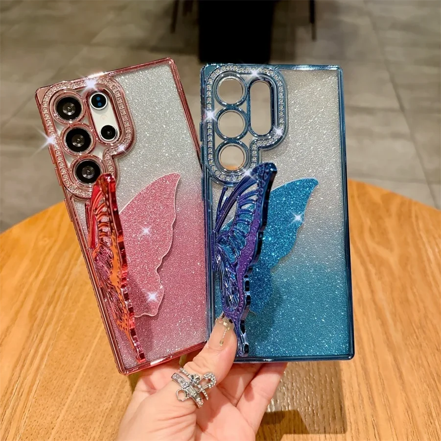 فراشة قوس حامل بريق الحال بالنسبة لسامسونج غالاكسي S25 الترا S24 FE S23 S22 زائد A26 A36 A52 A53 A12 الماس غطاء الموضة