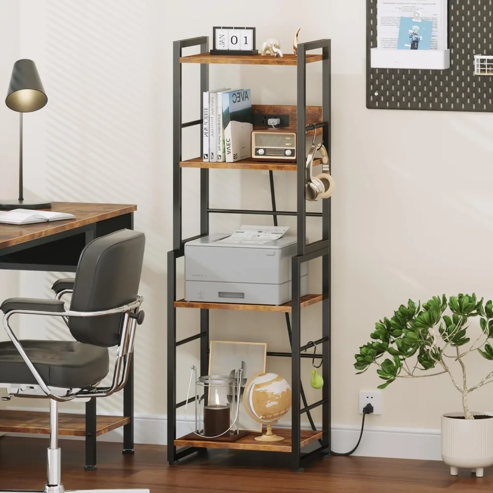 

4-storey high bookshelf with charging station and 2 hooks, stackable storage shelf, living room, bedroom, home office