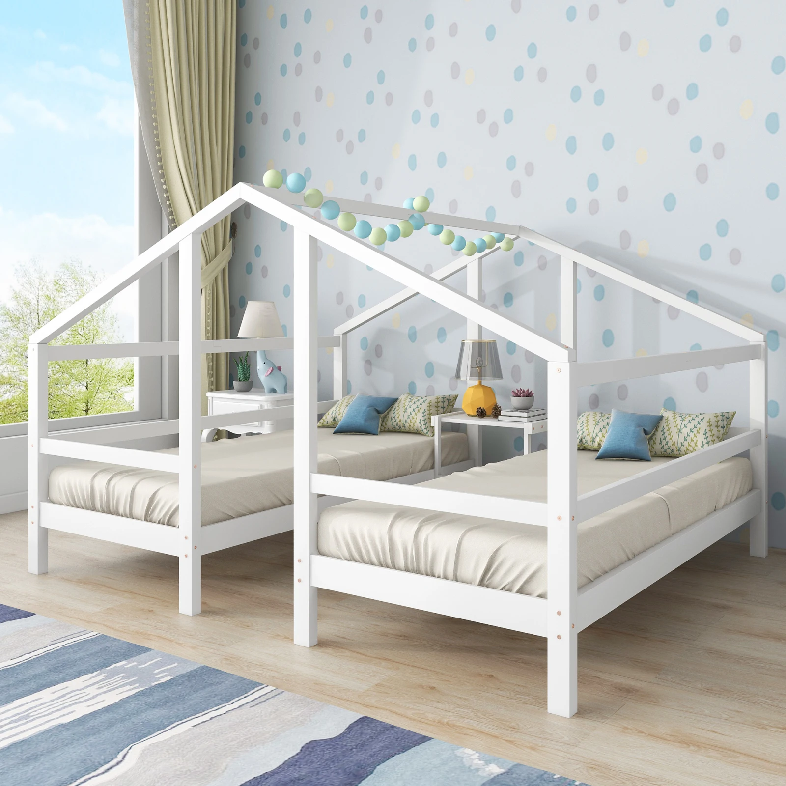 Solid Wooden Double Bed 90×200cm,Children's Bed,With Headboard and Slat Base,White