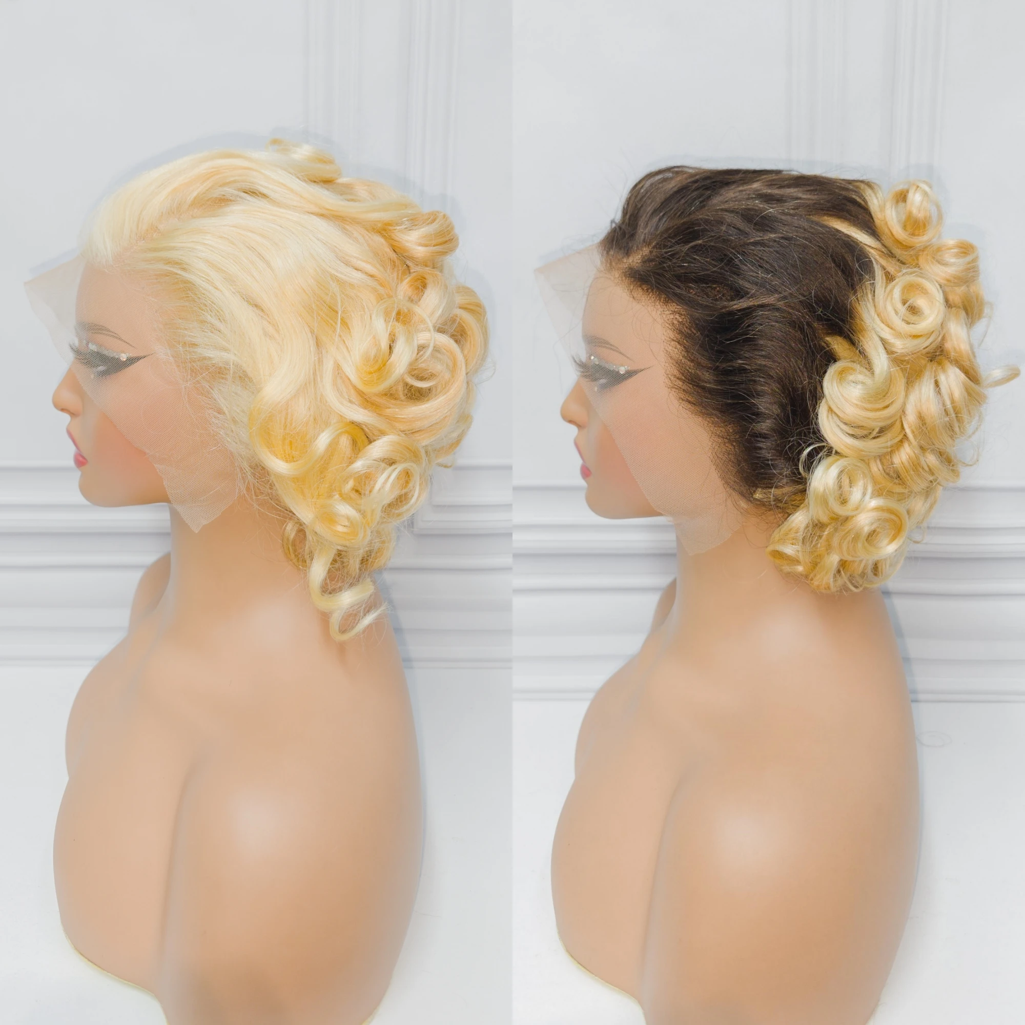 

613 # Блондинка 13x4, прозрачные кружевные фронтальные парики, свободные надувные вьющиеся человеческие волосы, 250% плотность, бразильские волосы, короткая волна, вьющийся парик