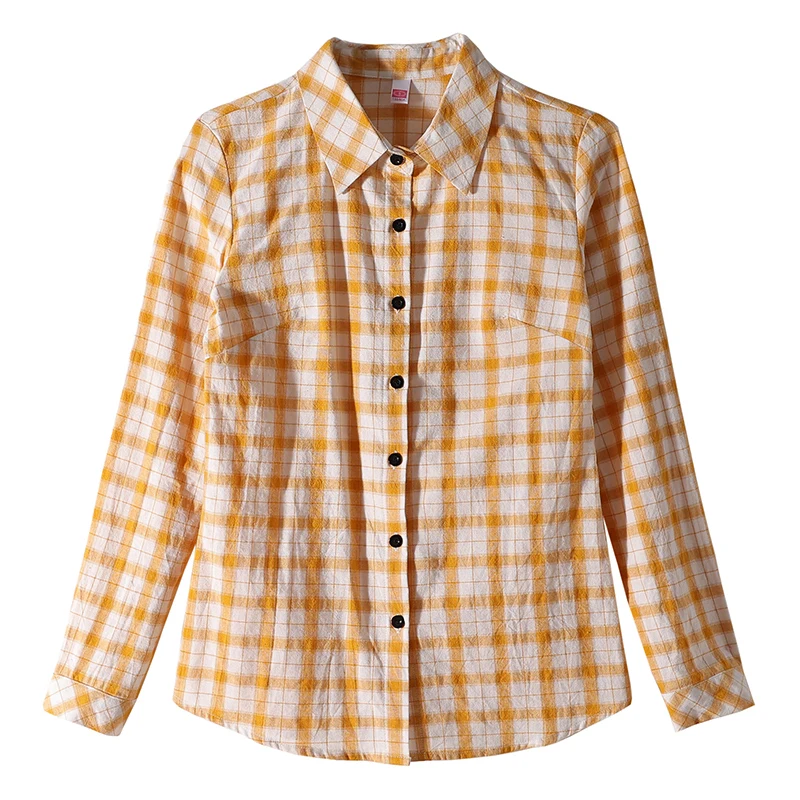 Camisa de manga larga a cuadros para mujer, Top versátil de algodón puro, cuello de solapa, cómoda, informal, primavera y otoño