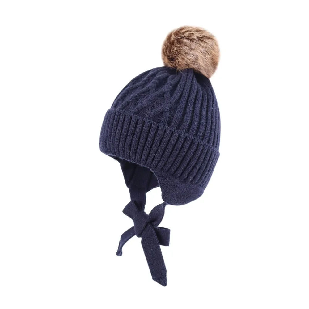 

Cute Windproof Warm Hat with Ties Thickened Ear Protection Cap Coldproof Fleece-lined Toddler Knitted Hat Winter Boys Girls