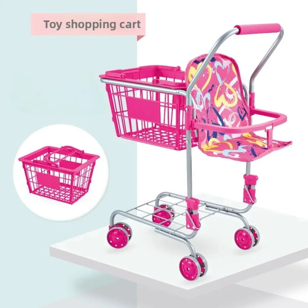 Baby Doll Shopping Cart for Girl Kid Toddler Pretend Play Shopping Toy with Removable Basket Sturdy Metal Frame Christmas Gifts