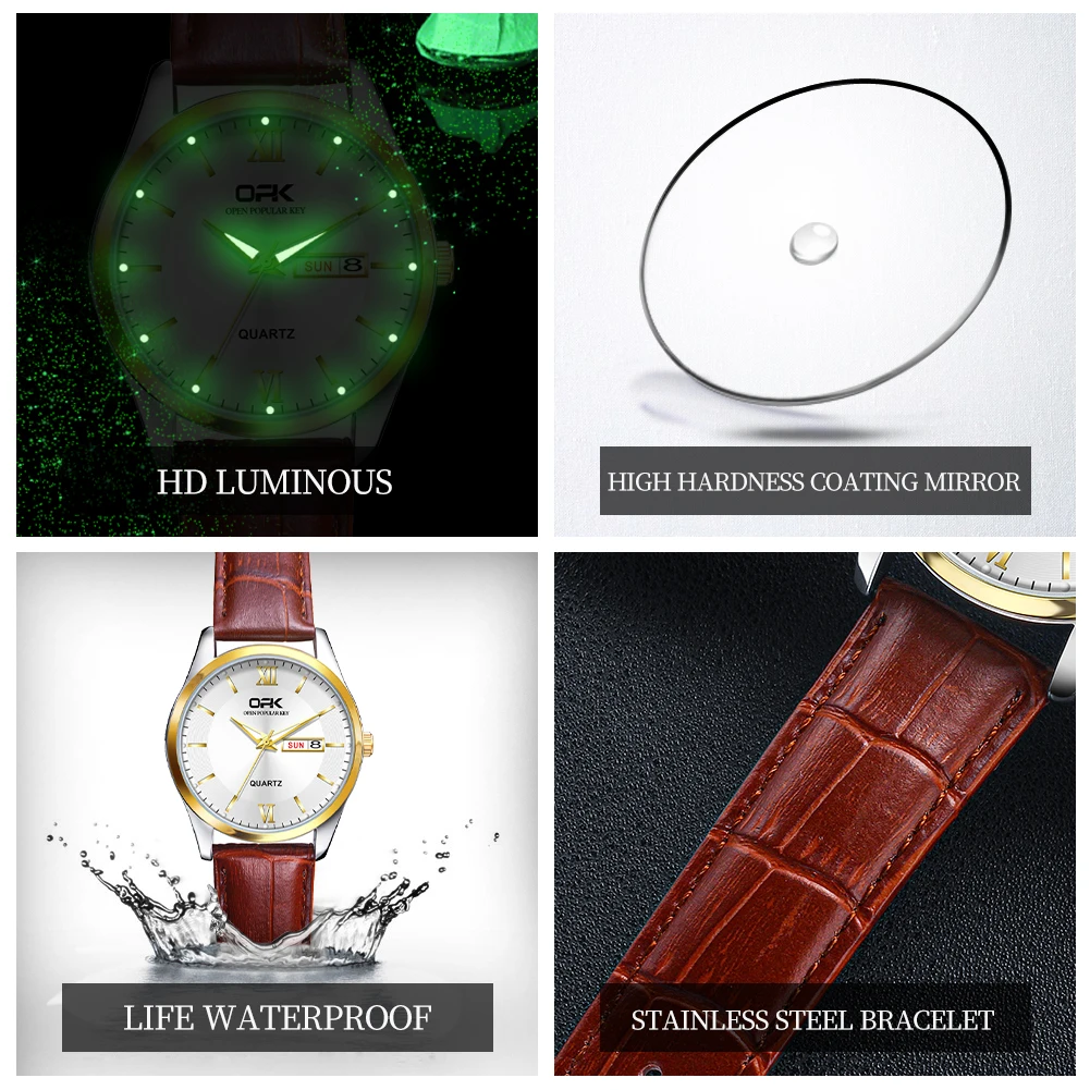 ساعة مضيئة بسيطة للرجال OPK ، حزام العلامة التجارية ، تقويم مزدوج ، زوجين ،