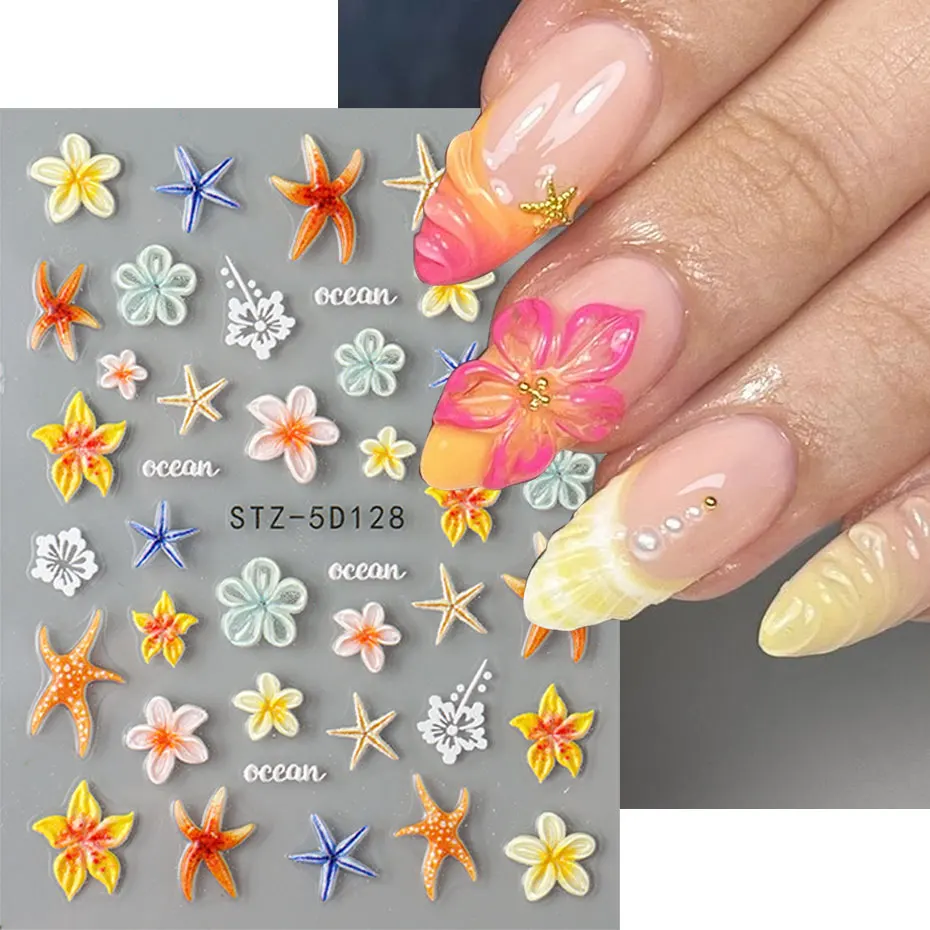 2pcs Kawaii Starfish Nail Decals 3D Blooming Floral Nail Art Stickers Summer Tropical Self-Adhesive Decal for DIY Manicure Decor