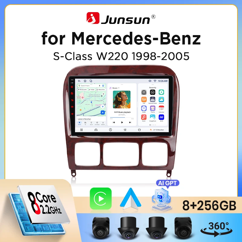 Image of Junsun Wireless CarPlay Android Auto Autoradio für Mercedes-Benz S-Klasse (W220) 1998-2005 mit integriertem Lüfter, Android GPS Navigation, Multimedia Player, WiFi, DSP, RDS, BT, SWC, IPS Touchscreen,