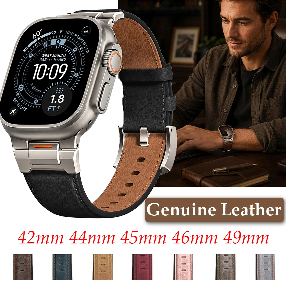 Metal+Leather Strap For Apple Watch Bands Ultra 3 49mm 46 45 44 42mm Wristband Bracelet Correa iWatch Series 11 10 8 7 9 6 5 SE