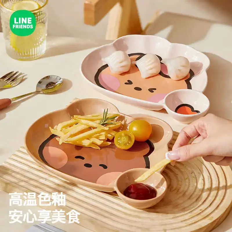 Assiette de boulette en céramique de dessin animé, plat de vinaigre de dessin animé brun, ligne Kawaii, petit-déjeuner à la maison, assiette en forme de grille spéciale exquise, amis