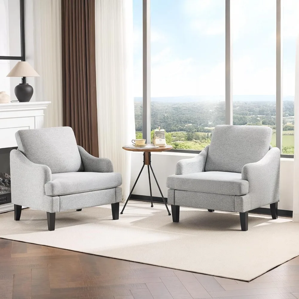 

Linen Fabric Accent Chairs Set of 2, Grey Modern Upholstered Armchair, Comfy Sofa Chair Living Room Bedroom Furniture for