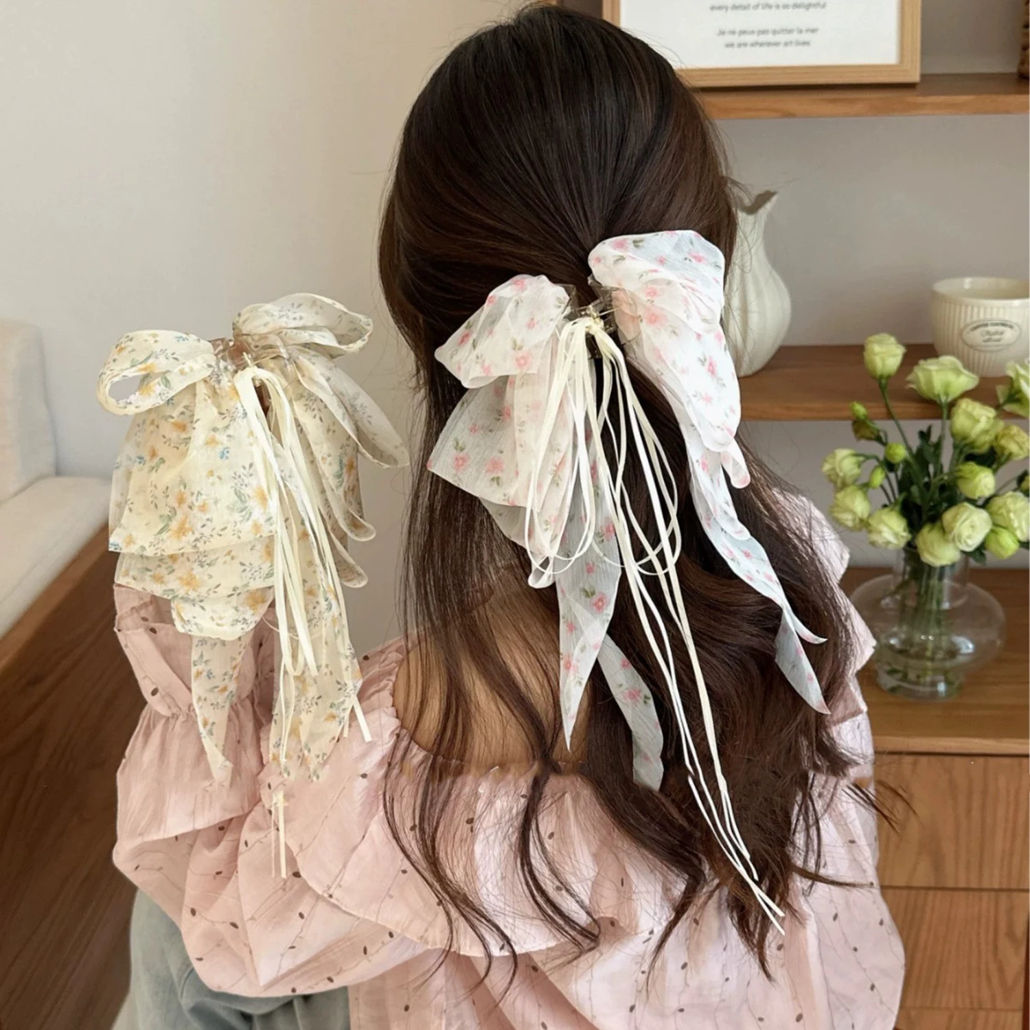 1 Stück französische Chiffon-Haarspange mit Blumenmuster, sanft und elegant, halbgebundene Haarspange, Haarspange für den oberen Teil, Haarspange für Pferdeschwanz, Haar-Accessoire – Detail 11